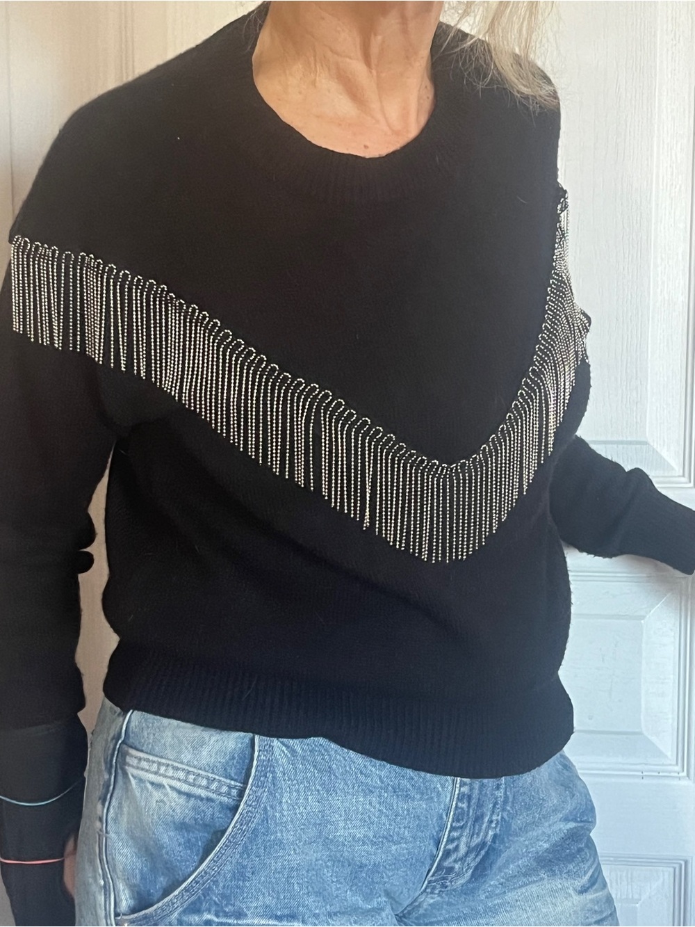 Black Crew Neck Sweater with Silver Fringe Accent